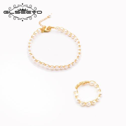GLSEEVO Natural Baroque Pearl Bracelet Ring Sets For Women Girl Wedding Engagement Fine Jewellery Pulseras Mujer Nillos GS0016