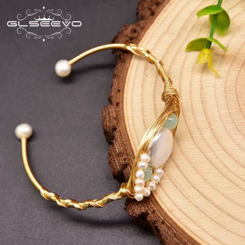GLSEEVO Natural Fresh Water Baroque Pearl Charm Bracelets For Women Handmade Designer Bangle Luxury Bangle Jewelry GB0930A