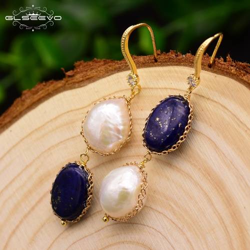 GLSEEVO Natural Fresh Water Baroque Pearl Lapis Lazuli Dangle Drop Earrings For Women Girls Temperament Luxury Jewelry GE0406