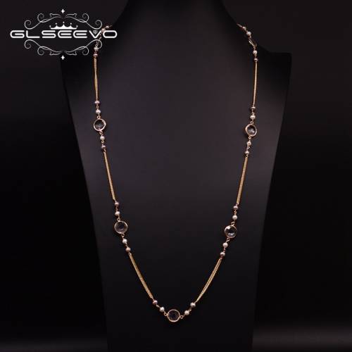 GLSEEVO Natural Fresh Water Pearl Long Necklace Zircon Women Luxury Sweater Chain Fine Jewelry Party Valentines Day Gift GN0184