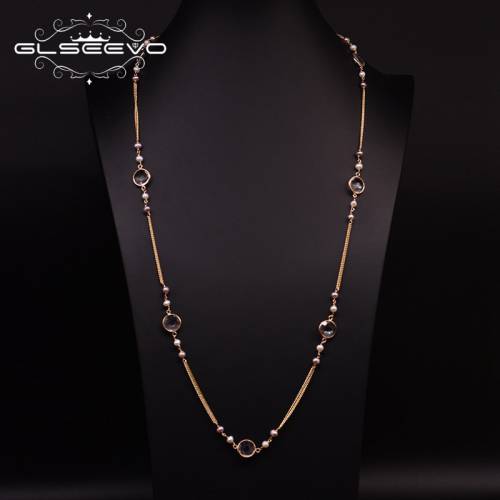 GLSEEVO Natural Fresh Water Pearl Zircon Long Necklace For Women Party Luxury Sweater Chain Fine Jewelry naszyjnik GN0184