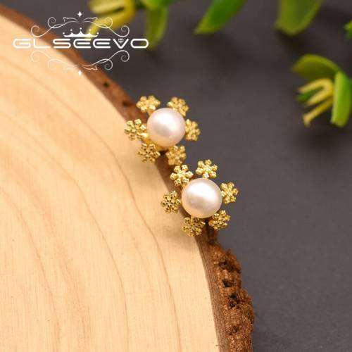 GLSEEVO Natural Fresh Water Pearls Snowflake Stud Earrings For Girls Lovers Gifts For Women‘s Jewellery Mendientes Mujer GE0865
