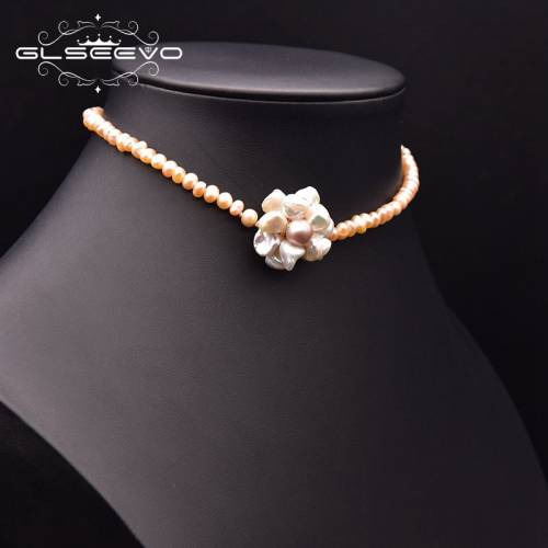 GLSEEVO Natural Freshwater Baroque Pearl Necklace Women Gold Collar Chain Flower Choker Fashion Jewelry Wholesale GN0277