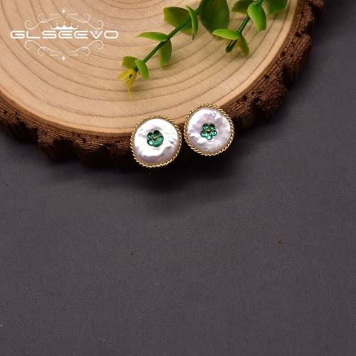 GLSEEVO Natural Freshwater Baroque Round Pearl Stud Earrings For Women Married Gift Green Stone Korean Fashion Jewelry GE1016