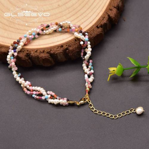 GLSEEVO Natural Freshwater Pearl Adjustable Bracelet For Women‘s Handmade Chain Colored Crystal Fashion Jewelry GB0956