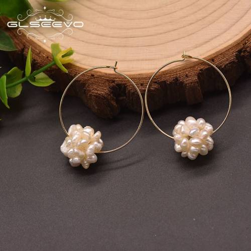 GLSEEVO Natural Freshwater Pearl Big Hoop Earrings Woman Engagement Flower Ball Handmade Fashion Jewelry Accessories GE1001A