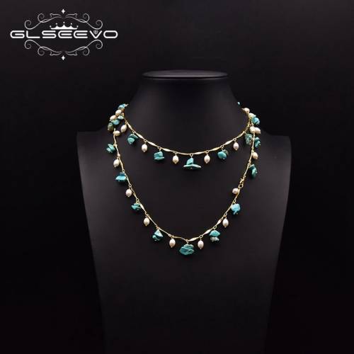 GLSEEVO Natural Freshwater Pearl Long Necklace For Woman Couple Dating Turquoise Luxury Double Pendant Chain Jewelry GN0271