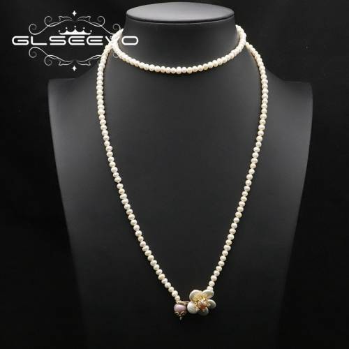 Glseevo Natural Freshwater Pearl Necklace For Women 2021 Luxury Flower Long Sweater Chains Retro Gifts For Original Women GN0405