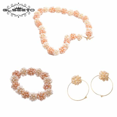 Glseevo Natural Freshwater Pearl Set Earrings Necklace Bracelet Women‘S Wedding Bridal Jewelry Set Handmade Fashion Gs0026