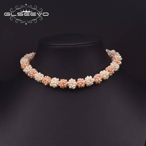 GLSEEVO Natural Pink White Small Pearl Flower Collar Romantic Fashion Choker Necklace For Women Party Statement Jewelry GN0240