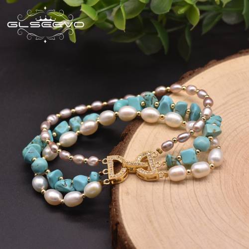 GLSEEVO Original Design Handmade Natural Turquoise Fresh Water Pearl Multilayer Charm Bracelets For Women Luxury Jewelry GB0929