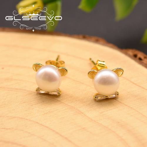 GLSEEVO Original Design Natural Fresh Water Pearl Cute Stud Earrings For Women Party Girls Birthday Gifts Jewelry Brincos GE0859