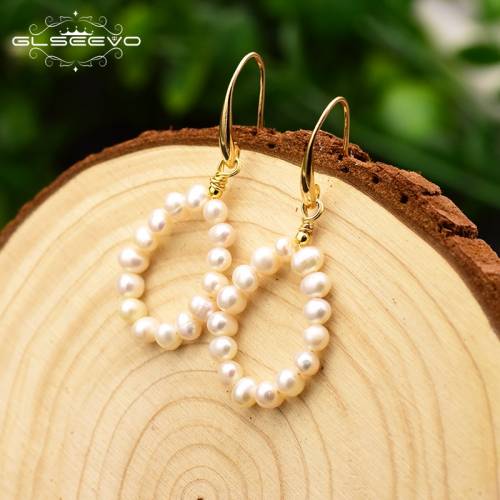 GLSEEVO Original Handmade Natural Fresh Water Pearl Round Drop Earrings For Party Wedding Jewelry Boucle D‘oreille Femme GE0719