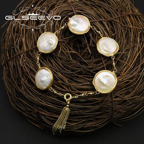 GLSEEVO Original Natural Fresh Water Baroque Flat Pearl Adjustable Tassel Bracelets For Women Gift Fine Jewelry Bileklik GB0147