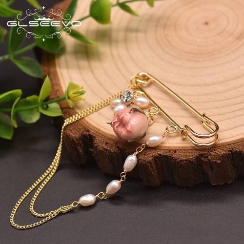 GLSEEVO Original Natural Freshwater Pearl Brooch Couple Engagement Natural Rose Flower Tassel Sweet Fashion Jewelry GO0364