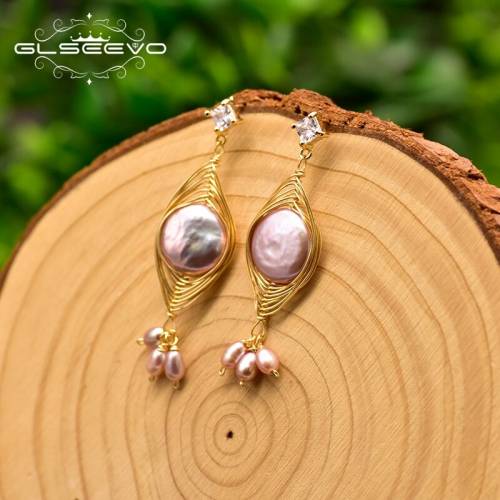 GLSEEVO Village Natural Handmade Round Freshwater Pearl Earrings Pendant Woman Wedding Party Golden Baroque Pearl Jewelry GE0822