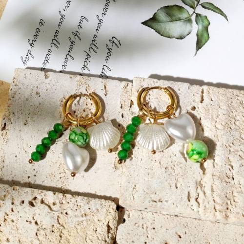 Green Beads Natural Shell Pearl Stainless Steel Earrings For Women Round Metal Hoop Earrings Trendy Jewelry Bijoux Femme Gift