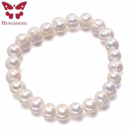 HENGSHENG New Arrival White 8-9mm Baroque Natural Freshwater Pearl Strand Bracelet For Women - Fashion Bracelet Girl Birthday Gift