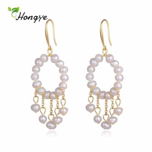 Hongye Classic Round Natural Freshwater Pearls Drop Earrings for Women Long Pendientes Tassel Party Modern Jewelry Brincos Gifts