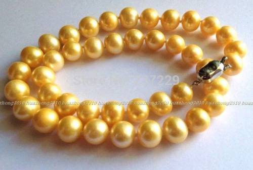 Hot sell Noble- FREE SHIPPING>>>@@ Wholesale price S ^^^^^8-9MM Natural Gold Akoya Cultured Pearl Necklace 17‘‘ AAA+