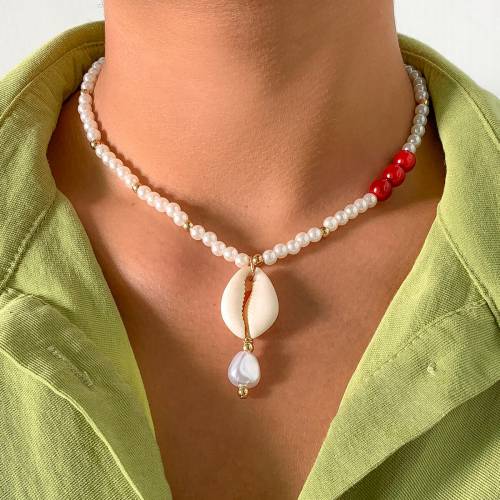 IngeSightZ Imitation Pearl Beaded Choker Necklaces Collar Natural Seashell Pendant Necklaces for Women Girls Boho Neck Jewelry