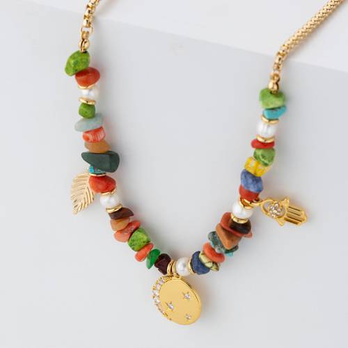 Jaeeyin 2021 Fashion Jewelry Colorful Natural Stone Freshwater Pearl Gold Color Leaf Fatima Hand Coin Pendant Bohemia Necklace