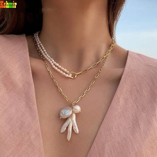 Kshmir Freshwater Pearl Necklace Exquisite Gold Chain Necklace Mixed Natural with Round Coin Baroque Pearl Necklace - Female
