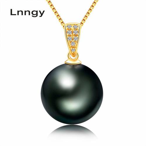 Lnngy 18K Solid Gold Necklace Diamond Black Pearl Pendant Necklace 10-11mm Natural Tahitian Pearl Women Wedding Pendant Gifts