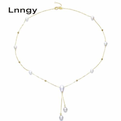Lnngy 18K Yellow Gold Chain Pendant Natural Freshwater Pearl Pendant Necklace Link Collar Pearl Necklace Anniversary Gifts