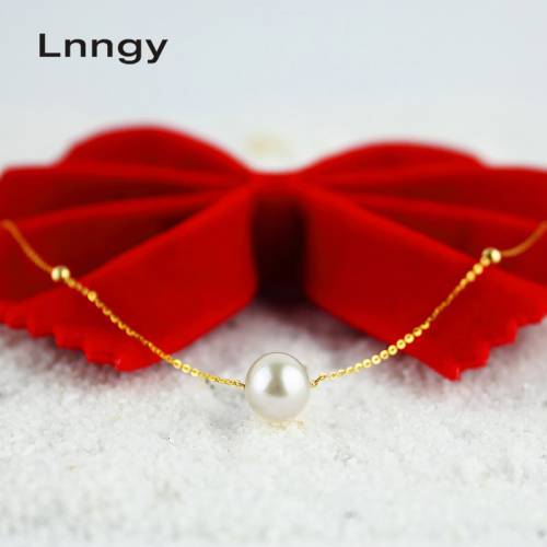 Lnngy 18K Yellow Gold Necklace Natural Freshwater Pearl Link Chain Classical Design Pearl Necklace Women Bijoux Jewelry Gifts