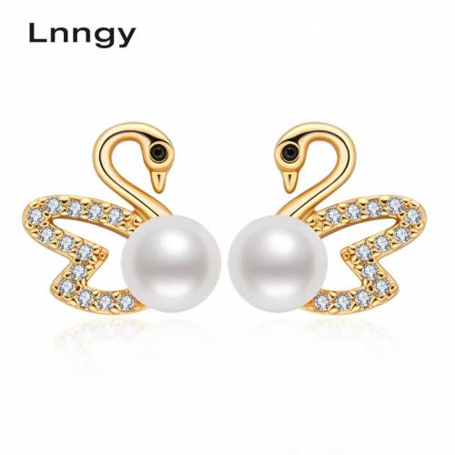 Lnngy Exquisite Swan Earrings 100% Natural Freshwater Pearl Vintage Stud Earrings Prevent Allergy Personality Women Earring Gift