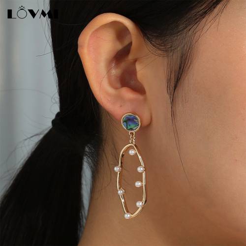 LovMi Retro Pearl Drop Earrings For Lady Women Natural Abalone Shell Oval Shaped with small Pearl Long Dangle Earrings For Party