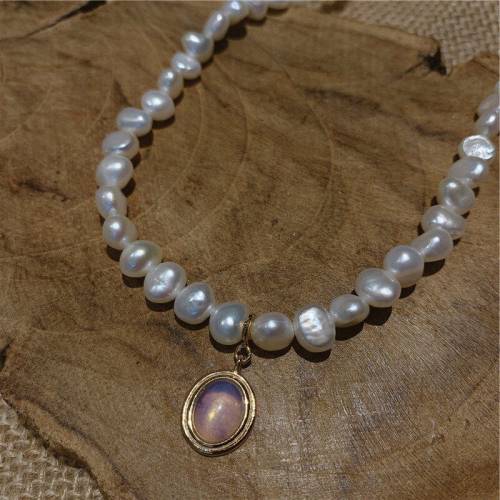 LOVOACC Elegant Moonstone Natural Freshwater Pearl Necklace Baroque Pearl Pendant Necklaces for Women Round Chokers Necklaces