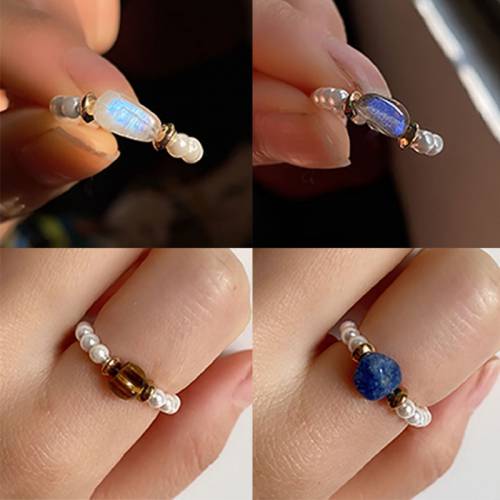 Momiji Freshwater Pearl Beads Rings for Women Handmade Bohemian Jewelry Elastic Adjustable Natural Stone Wedding Ring Party Gift