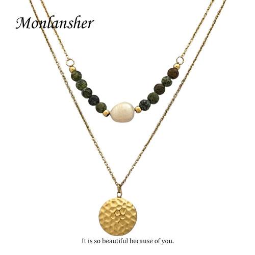 Monlansher Gold Color Stainless Steel Layered Chain Pendant Necklace Natural Stone Freshwater Pearl Pendants Necklaces for Women