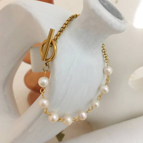 Monlansher Vintage Splicing Titanium Steel Chain Toggle Clasp Bracelet Natural Pearls Bracelet Elegant Delicate Bracelet Jewelry