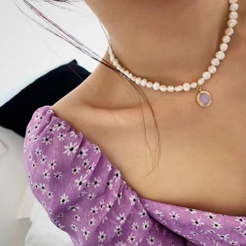 Moonstone Natural Pearl Necklace Baroque Irregular Necklaces Women Round Chokers Vintage French Pearl Pendant Clavicle Chain