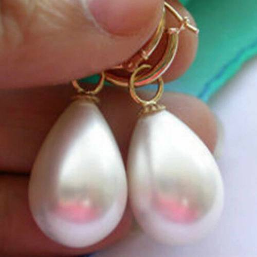 Natural 14X16mm southsea White shell Pearl Tear Drop Hoop Earrings Lucky Ear stud Wedding Jewelry Holiday gifts Classic Gift