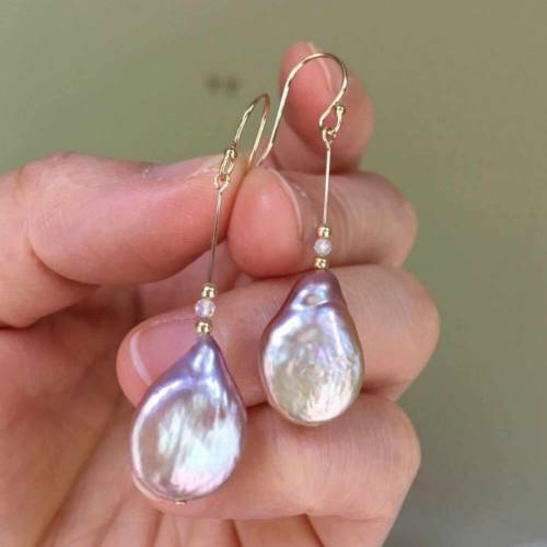Natural 16-17mm Purple Baroque Drop pearl Gold 14K gold earrings Women Aquaculture Hook Thanksgiving Holiday gifts Freshwater
