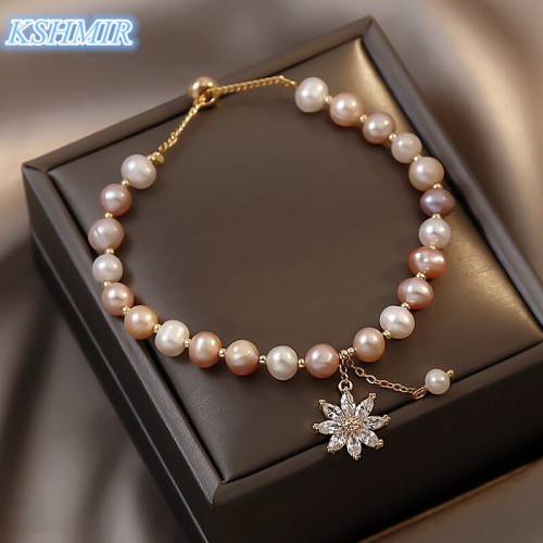 Natural Baroque Pearl Zircon Flower Color Matching Bracelets Elegant Accessories For Woman Korean Fashion Jewelry Wedding Girls