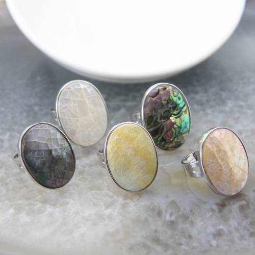 Natural Beautiful Abalone Shell Adjustable Rings - Pearl Classic Round Shape Rings - Finger Rings Reiki Heal Geode Rings Jewelry