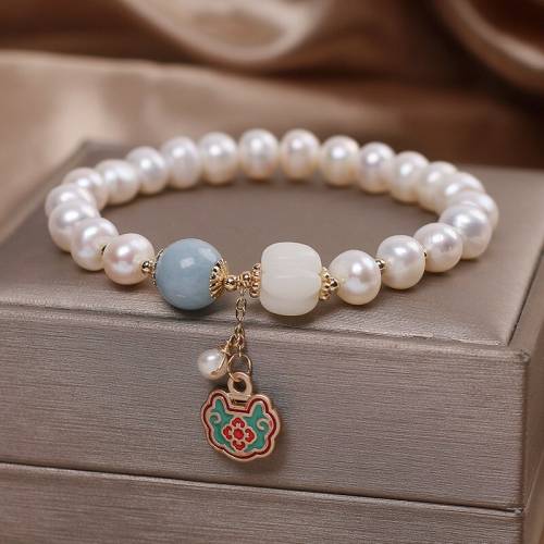 Natural Freshwater Pearl Bracelet Female Chinese Style Fortune Transfer Long-life Lock Pendant Jewelry For Girlfriend Drop Ship