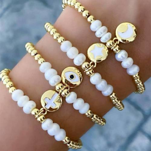 Natural Pear Evil Eye Bracelet Women 4mm Stainless Steel Beads Weave Round Cross/Moon/Star Pendant Bangles Baroque Pearl Jewelry