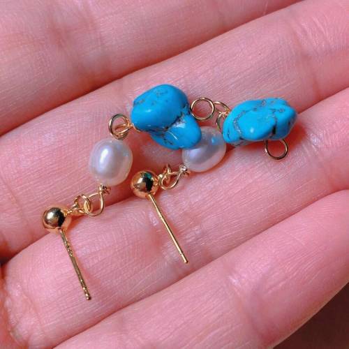 Natural white round Fresh water pearl Blue Turquoise gold ear stud FOOL'S DAY Wedding Beautiful New Year Aquaculture Women Hook