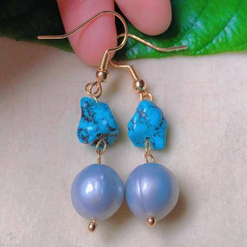Natural white round Fresh water pearl Blue Turquoise gold earrings gift Gift Cultured Holiday gifts VALENTINE'S DAY Classic