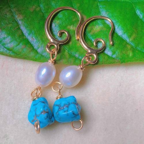Natural white round Fresh water pearl Blue Turquoise gold earrings gift VALENTINE'S DAY Fashion Holiday gifts FOOL'S DAY Lucky