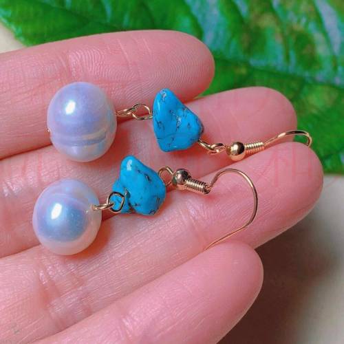 Natural white round shell pearl blue Turquoise gold earrings gift Jewelry Lucky Accessories Fashion FOOL'S DAY Freshwater Gift