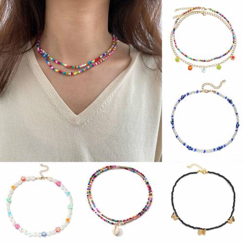 New bohemian colored rice bead Necklace Men Women Natural Pearl Candy Color Short Necklace Popular couple jewelry exquisite gift