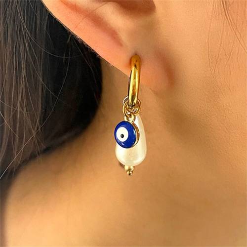New Evil Eyes Natural Pearl Round Piercing Earrings For Women Stainless Steel Small Golden Hoops Circle Earring Fashion Jewelry