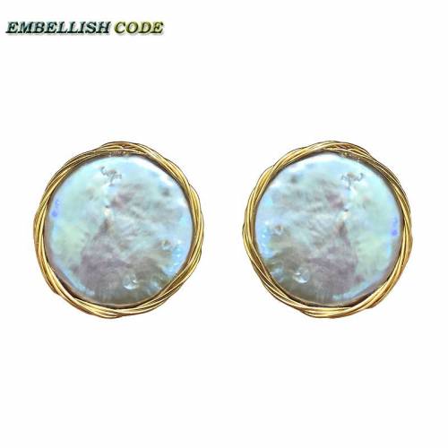 NEW golden Handmade elegant Baroque pearl big bright gray flat round Buttons coin natural freshwater pearls stud earrings